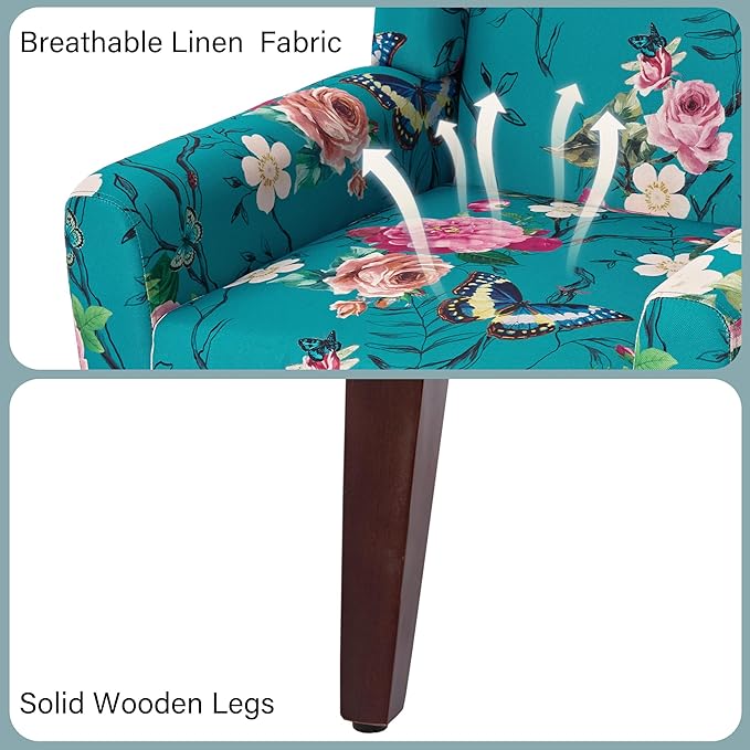 Accent Chair Modern Linen Blend Arm Chair for Living Room Bedroom Comfy High-Resilient Sponge Reading Chair for Small Spaces (Pattern Floral Blue Set of 1)