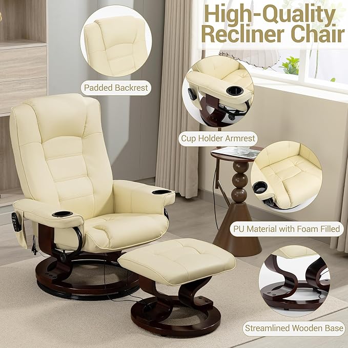 8-Point Massage Recliner with Ottoman Heated PU Leather Reclining Chair w/Solid Wood Base Indoor Lounge TV Chair with Footrest for Living Room and Bedroom Beige