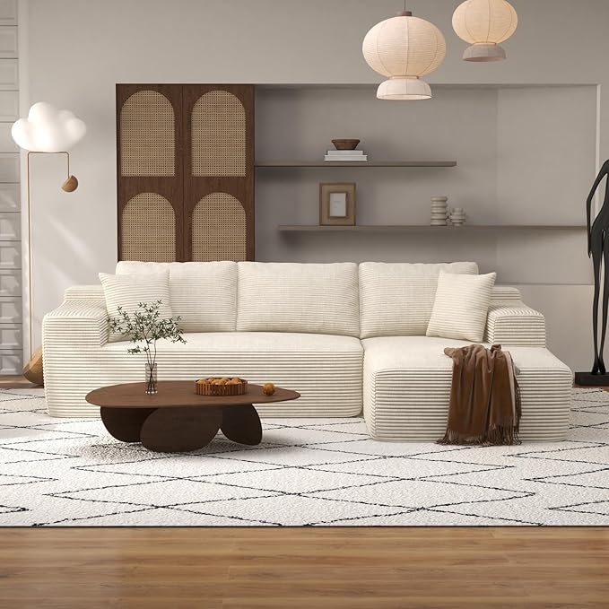 OC Orange-Casual 106.3 Cloud Sectional Couch with L-Shape Chaise No Assembly Required Modular Sofa Upholstered Boneless Couches for Living Room Plush Corduroy Fabric (White Right Facing Chaise)