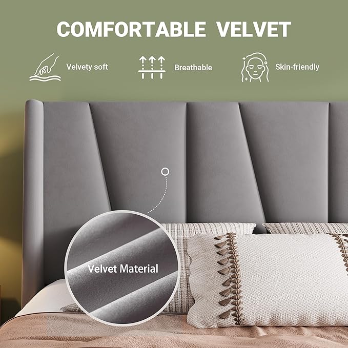 Allewie Queen Size Platform Velvet Bed Frame with Geometric Wingback Headboard Boho Upholstered Bed with Wooden Slats Support No Box Spring Needed Easy Assembly Light Grey
