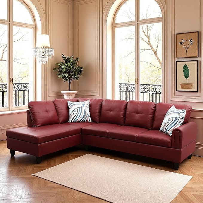 L Shaped Couch Sectional Couches with Chaise 3 Pieces Modular Convertible Sofa for Living Room Furniture Sets and Small Apartment Faux Leather Ruby