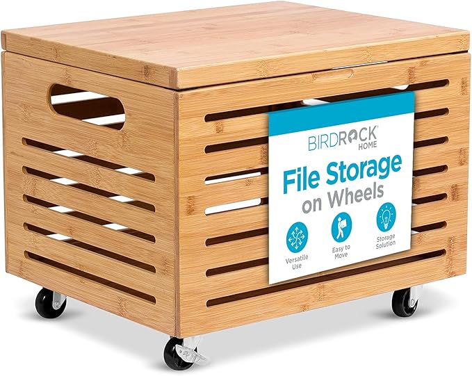BIRDROCK HOME Rolling File Storage Organizer Box with Lid (New Version) - Bamboo Decorative Wood Hanging File Box for Letter/Legal Documents Binders Blankets - Durable Office Organizer - Natural