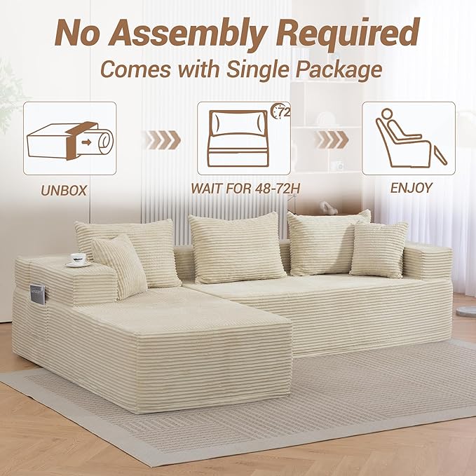 105'' Cloud Sectional Couch Modular L-Shaped Boneless Sectional Sofa Corduroy Deep Seat Couch Small Space Sofas for Living Room Bedroom Apartment No Assembly Beige