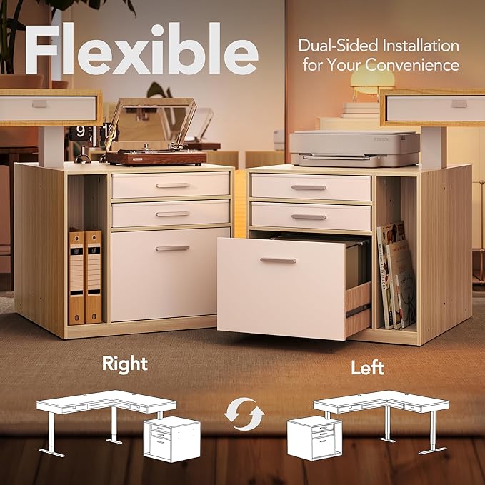 HUANUO Electric L Shaped Standing Desk with File Cabinet 63 x 55 Height Adjustable Sit Stand up Desk with LED Strip Power Outrlets &amp Cable Management Tray Corner Computer Table Light Walnut