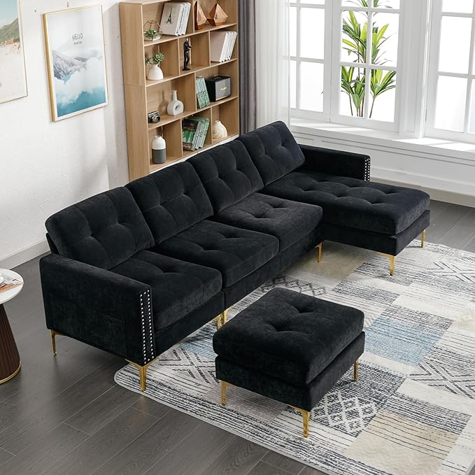 kevinplus 111 Velvet Sectional Sofa Couch for Living Room Modern Contemporary L-Shaped 4-Seat Tufted Sofa Couch with Chaise Lounge &amp Ottoman for Apartment Office Strong Metal Leg Black