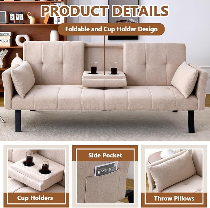 72 Cotton Linen Futon Couch Living Room Couch Bed Convertible Sleeper Sofa Bed with Cup Holder for Bedroom Guest Bed 2 Seater Reclining Sofas Couches with Nailhead Trim for Small Space (Beige)