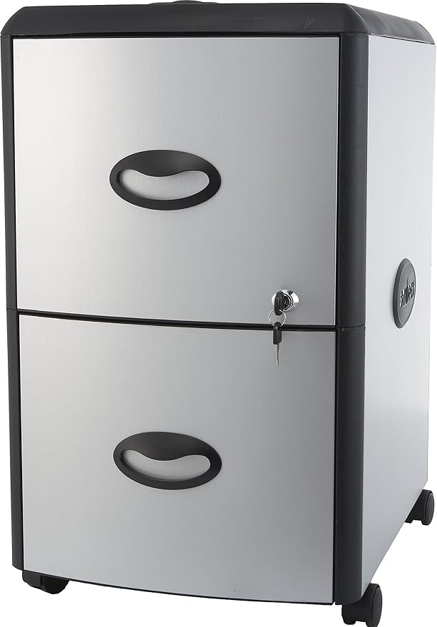 Storex Plastic 2-Drawer Mobile File Cabinet with Metal Accents Flat Top 19 x 15 x 23 Inches Black/Gray (61351C01C)