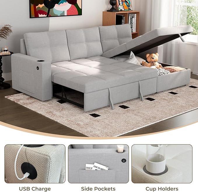 85 inch Sectional Sleeper Sofa Bed with StoragePull Out Couch with Reversible Storage ChaiseCup Holders USB ChargingSide PocketsComfortable Sectional Sofa Couches for Living RoomSmall Spaces | co
