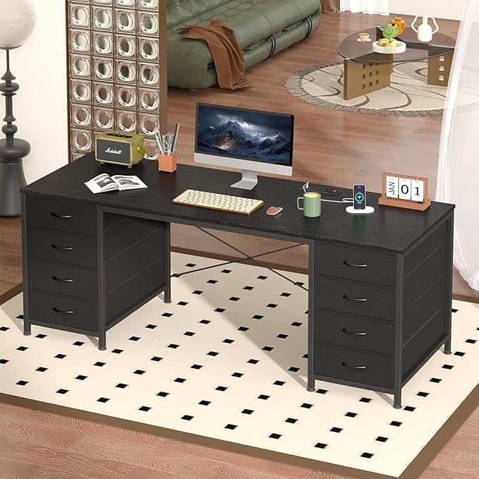 60 Inch Computer Desk with 8 Drawers Home Office Desk with Power Outlets Work Study Gaming Desk with 8 Fabric Drawers Black