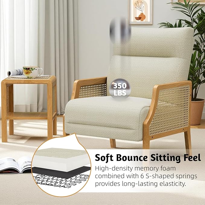Rattan Accent Chair Set of 2 Mid Century Modern Armchair with Back Cushions and Ash Wood Legs Arm Chair for Living Room Beige