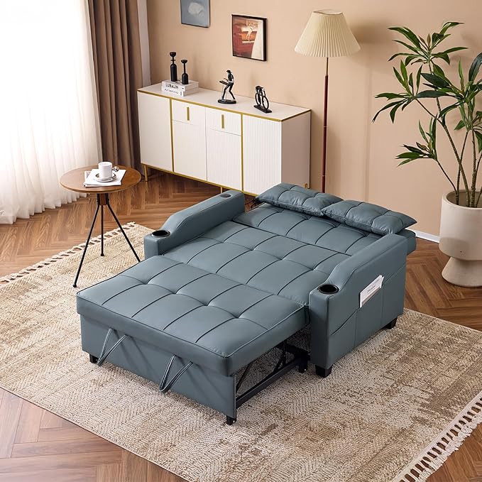 VINGLI Futon Sofa Bed Convertible Loveseat Sleeper Couch Blue Grey Faux Leather Pull Out Couch Bed with USB Ports Cup Holders Armrest for Living Room Bedroom Apartment Room