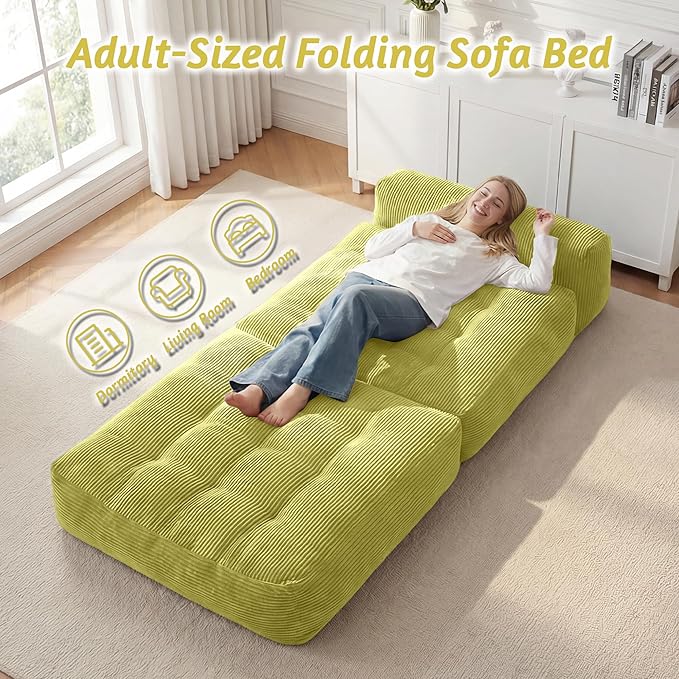 HABUTWAY Folding Sofa Bed Convertible Sleeper Chair Bed with Pillow &amp Handle Foldable Mattress with Back Support Portable Single Couch Comfy Floor Sofa Lounge for Living Room Bedroom(Green)