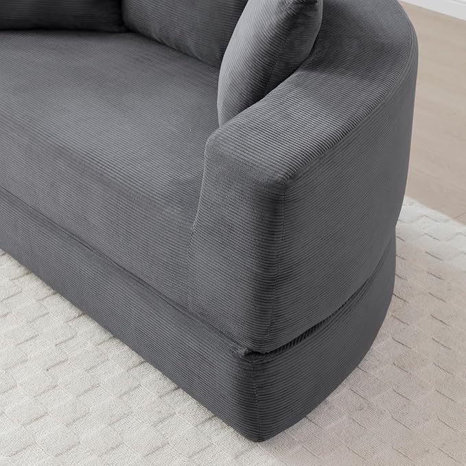 Folding Sofa Bed Corduroy Circular Boneless Couch No Assembly Convertible Sleeper Sofa with 3 Pillow Comfy Futon Sofa Bed for Apartment Office Bedroom Living Room Gray