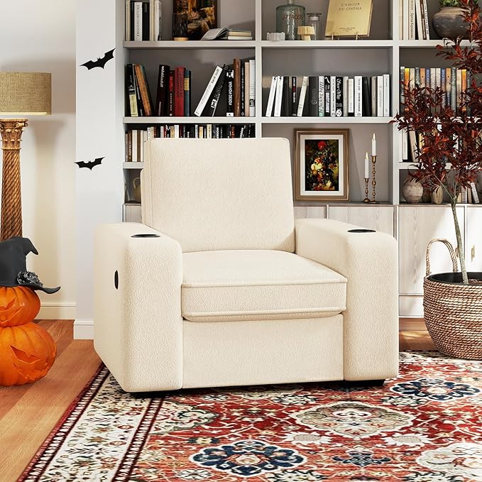 Furnimart 36 Wide Plush Accent Chair Single Sofa with USB Charger &amp Cup Holder Oversized Comfy Chair Tufted Terry Fabric Ideal for Living Room Bedroom Apartment(Terry-Beige)