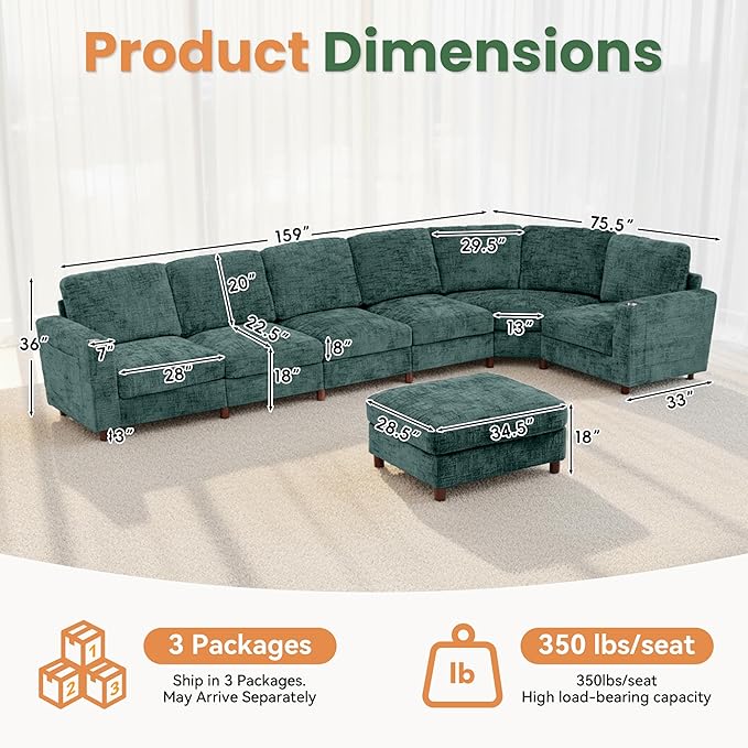 159 Inch Oversized Modular Sectional Sofa with Curved Corner Convertible U/L-Shaped Cloud Couch with Moveable SeatStorage OttomanCupholders Living Room Chenille Fabric Sofa | Breathable material