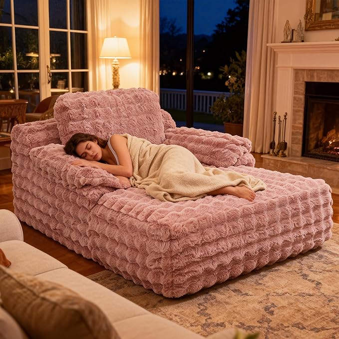 Oversized Lounge Chair Plush Faux Fur Comfy Reading Chair Boneless Chaise Sofa Recliner Bed Sleeper Couch with Wide Pillow Armrest for Living Room Bedroom (Pink)