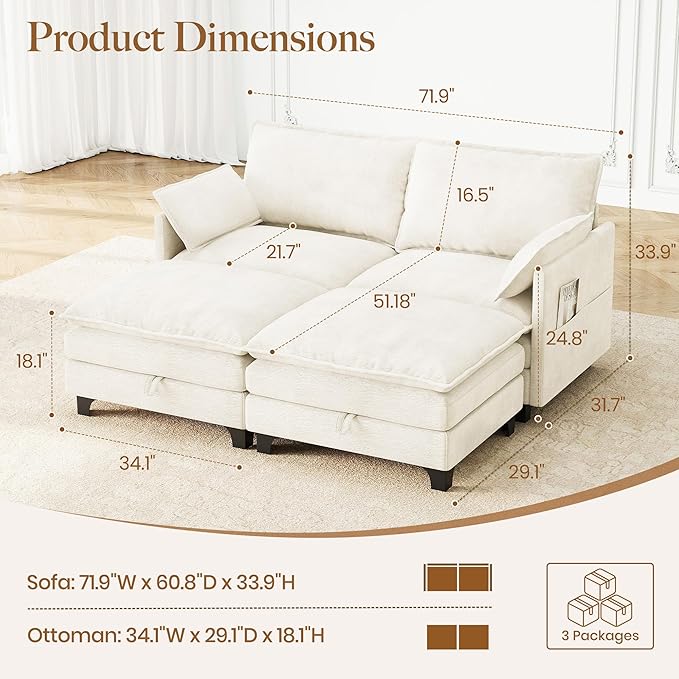 72 Loveseat Modular Sectional Sleeper Sofa Chenille Cloud Couch Bed with Storage Ottoman Modern Deep Seat Couches with Side Pocket for Living Room Bedroom and Apartment Beige