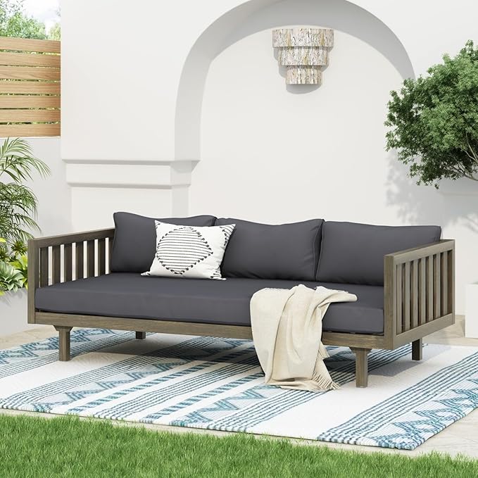 Merax Solid Acacia Wood Couch Chaise Lounge Chair Indoor 3 Seater Daybed Sofa Couches with Cushions &amp Pillow Heavy Frame Day Bed for Living Room Office Outdoor Balcony Patio Water Resistant