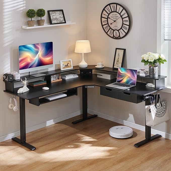 RedLemon L-Shaped Electric Standing Desk 60 inches Motor Height Adjustable Sit Stand Corner Desk with Led Large Home Office Desk Computer Workstation Carbon Fiber Black