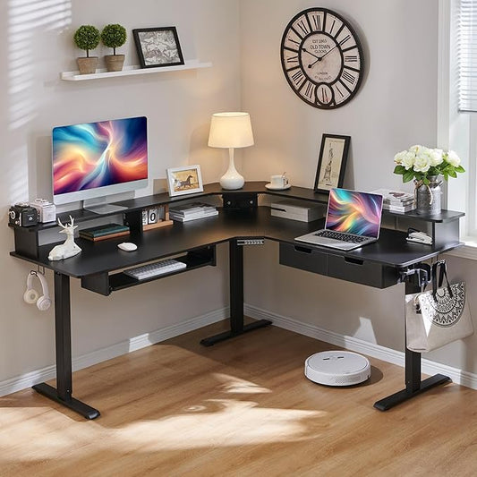 RedLemon L-Shaped Electric Standing Desk 60 inches Motor Height Adjustable Sit Stand Corner Desk with Led Large Home Office Desk Computer Workstation Carbon Fiber Black