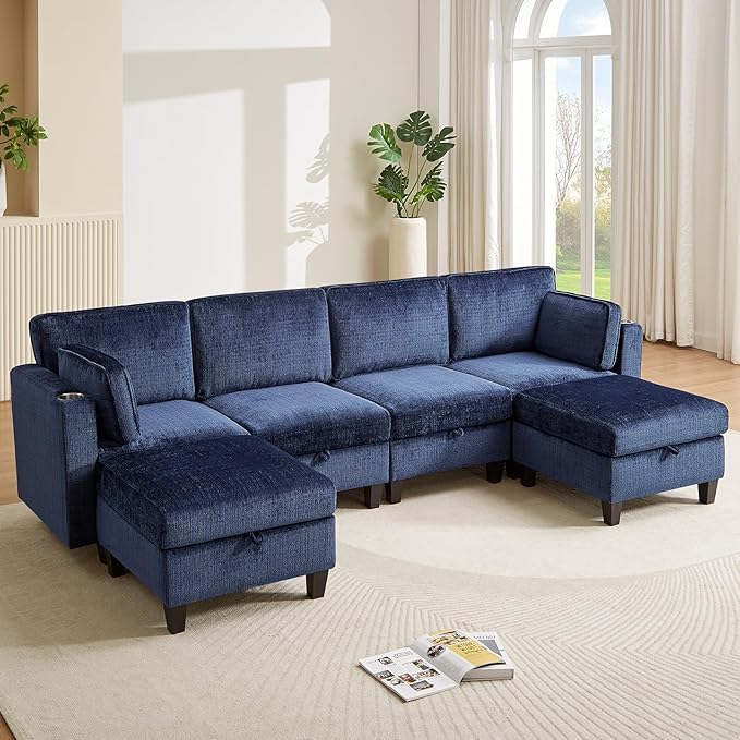 ONBRILL 110 U-Shaped Modular Sectional Sofa Convertible Sleeper Sofa Couch Bed with Adjustable Backrest Chenille Couch with Movable Ottoman Couches for Living RoomBedroom and ApartmentBlue