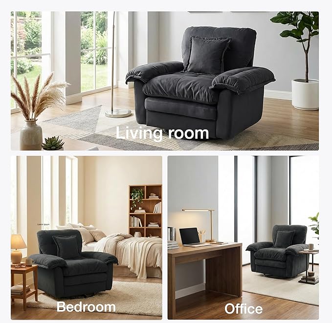 360° Swivel Accent Chair Oversized Plush Modern Chenille Armchair with Padded Seat &amp Back Comfy Spinning Chair for Living Room Bedroom Office (Black)