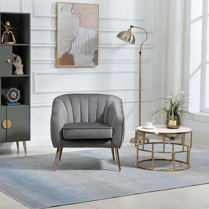 Velvet Accent Chair with Ottoman Modern Tufted Barrel Chair Ottoman Set for Living Room Bedroom Golden ed Grey