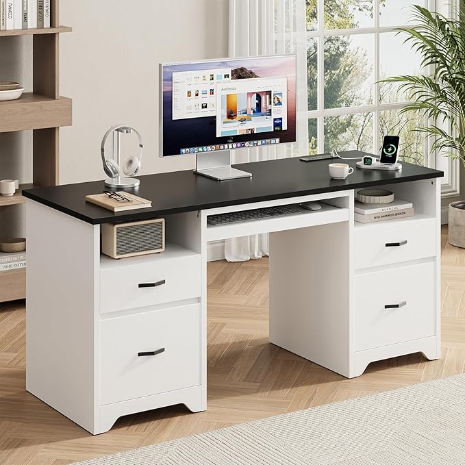 Bestier 59” Computer Desk with 4 Drawers Office Desk with Storage Modern Executive Desk with Charging Station Keyboard Tray &amp Wooden Pedestals on Both Sides for Home Office &amp Studio White