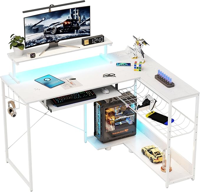 L Shaped Gaming Desk with Power Outlets &amp RGB Lights 46'' L- Shaped Desk Computer Corner Desk with Monitor Stand &amp Storage Shelf &amp Hook Home Office Desk Writing Desk White
