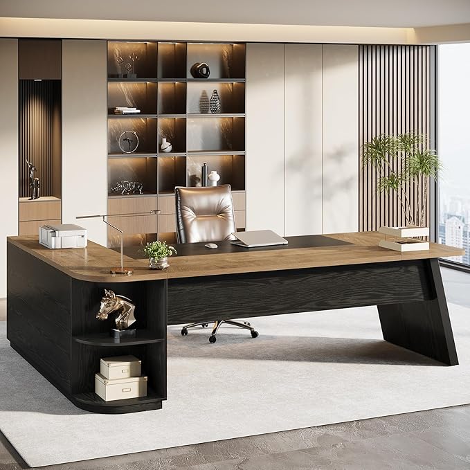 Tribesigns 79-Inch Executive Desk Large Office Desk with Cabinet L-Shaped Compter Desk with Storage Shelves Writing Table for Home Office Natural Oak and Black