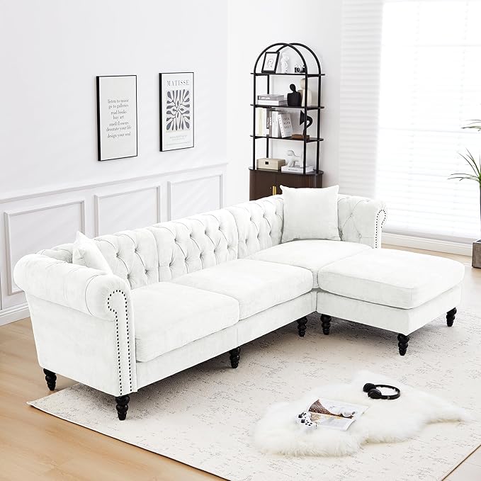 LEVNARY 108” L-Shaped Chesterfield Sectional Couch with Movable Ottoman 4-Seat Couch with Rolled Arms Upholstered in Linen-Like Fabric Mid-Century Tufted Corner Sofa for Living Room Office (White)