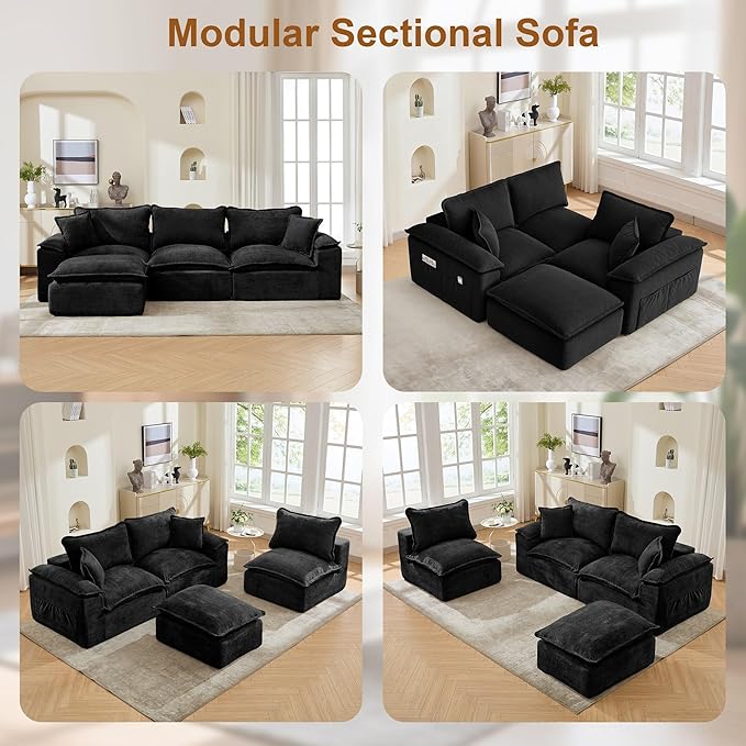 108 Sectional Couches for Living Room Modular Boneless Couch with Deep Seat &amp Fluffy Cushion Cozy Double-Layer Cushioned Sofa with Convertible Ottoman Comfy Cloud Sofa No Assembly Required