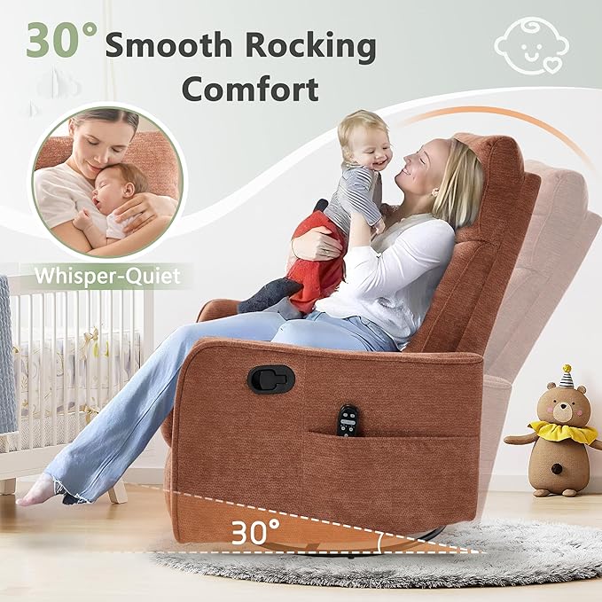 cinkehome Heated Massage Swivel Rocker Recliner Chair for Nursery - Small Space Reclining Chair with Lumbar Support 360° Swivel &amp Gentle Rocking Ergonomic High Back Orange Chenille