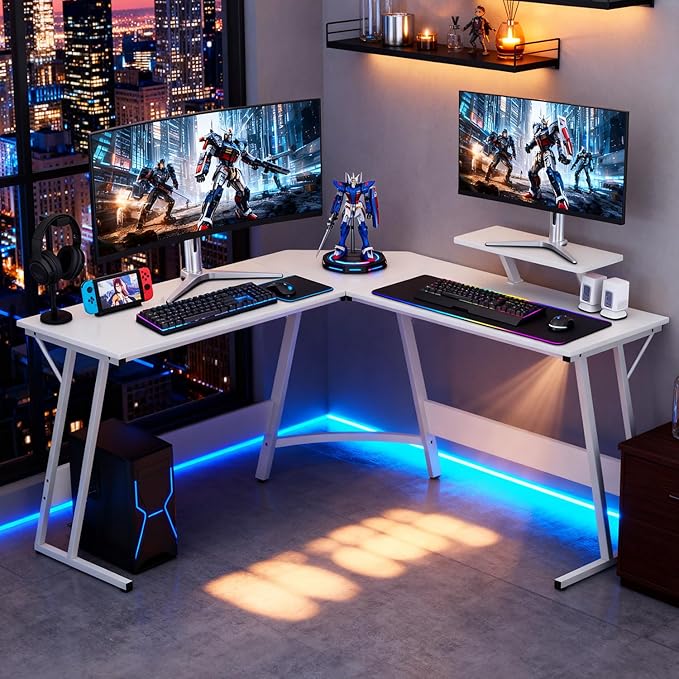 FDW L Shaped 51 Inch Gaming DeskCorner Computer DeskPC Gaming DeskWriting Workstation with Large Monitor Stand for Home OfficePure White