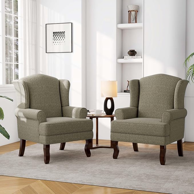 Accent Chair High Back Upholstered Armchair with High Resilience Sponge &amp Wood Legs Mid-Century Modern Comfy Single Sofa Reading Chairs for Living Room Bedroom (Light Camel Set of 2)