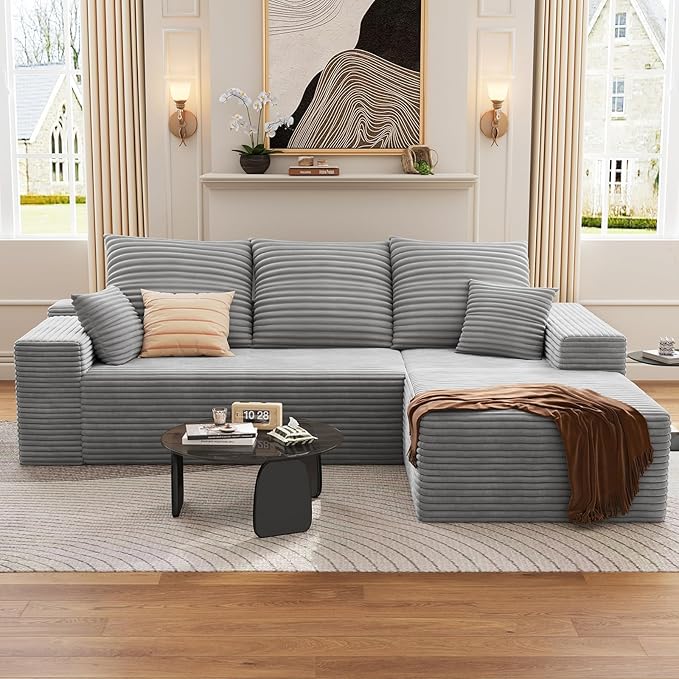 107 Cloud Sectional Couch with L-Shape Chaise Modern Modular Sofa with Deep Seat Corduroy Upholstered Couches for Living Room BedroomNo Assembly Required(Grey Right Facing)