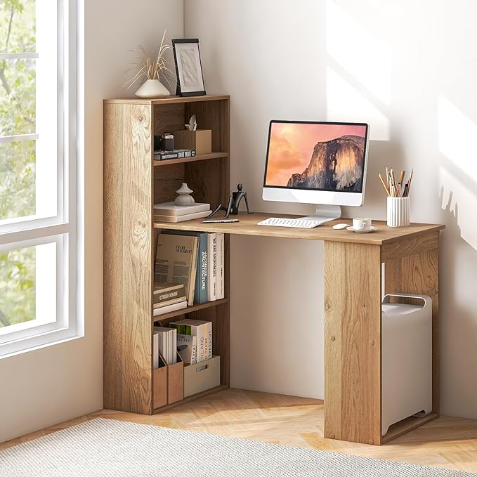 GRAFFY Computer Desk with 6 Storage Shelves - 48 Reversible Writing Desk Workstation with Bookshelf and CPU Stand Modern Compact Office Desk for Bedroom Study Home Office (Natural)