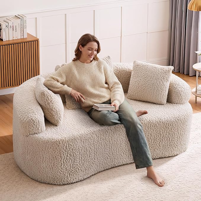 Curved Loveseat Sofa Couch Luxury Deep Seat Loveseat Sofa Couch for Small Place Modern Cloud Couch Floor Couch with 3 Pillows for Living Room &amp Bedroom No Assembly Required (Beige)