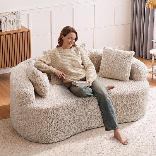 Curved Loveseat Sofa Couch Luxury Deep Seat Loveseat Sofa Couch for Small Place Modern Cloud Couch Floor Couch with 3 Pillows for Living Room &amp Bedroom No Assembly Required (Beige)