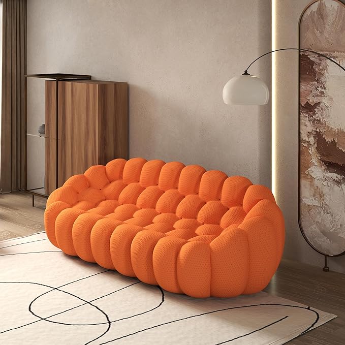 Bubble Couch Modern 3-Seater Upholstered Mesh Fabric Round Floor Sofa 3D Honeycomb Shape Bubble Sofa Curved Sofas for Living Room Circle Boneless Orange Couch No-Assembly (Orange 98.43)
