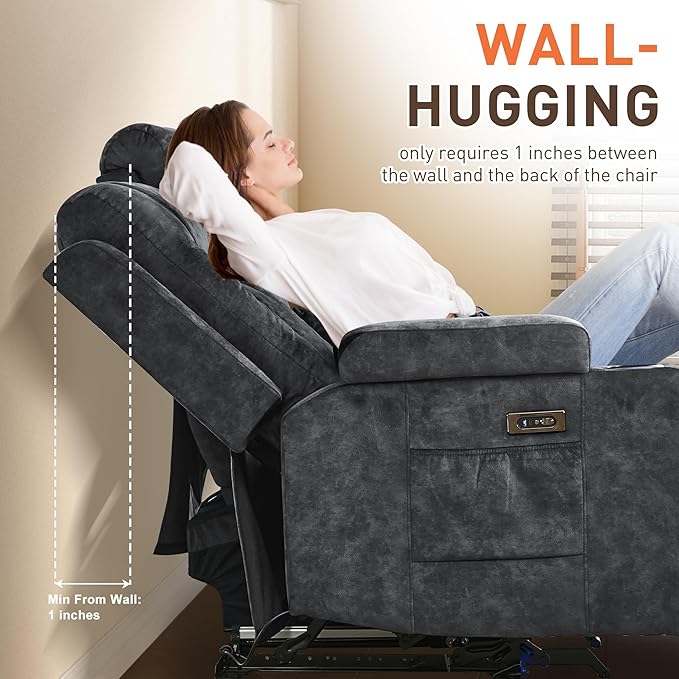 Houjud Wall Hugger Power Recliner Sofa 3-Seater RV Couch Reclining Sofa with LED Lights USB Ports Cup Holders Side Pockets Outlets Drawer for Living Room and Home Theater Velvet Grey