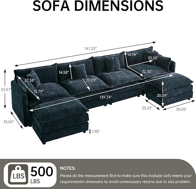 Modular Sectional Sofa 147.2 Inch U Shaped Couch Set with Armrests 4-Seater Comfy Cloud Couches with Movable Ottoman for Living Room Apartment Blue