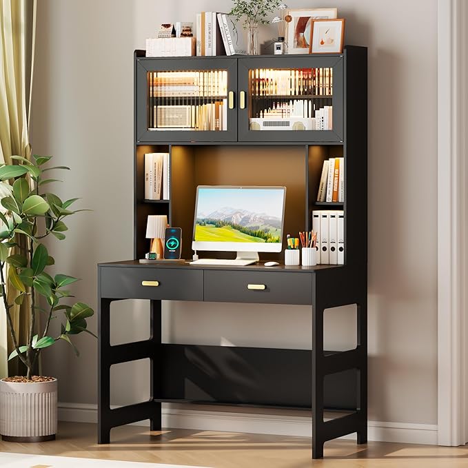 Vlsrka Home Office Desk with Hutch and Drawers 40 Computer Desk with Storage Shelves and LED Lights Modern Wooden Writing Study Table with Charging Station for Bedroom Black