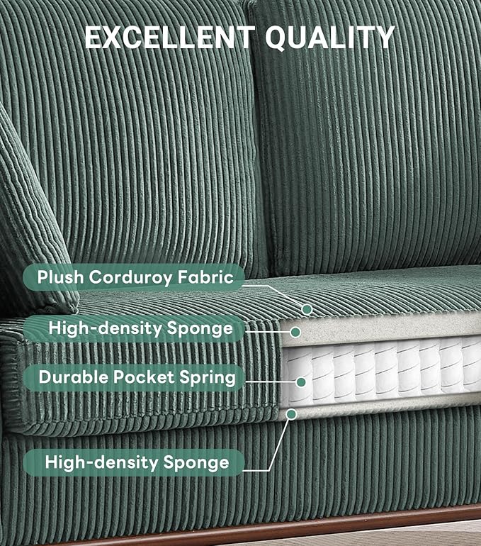 Kingfun 65 Corduroy Love Seat with Spring Cusions Mid Century Modern Loveseat Sofa for Livingroom &amp Bedroom Comfy Upholstered Small Couch Green | linen fabric button tufted solid wood foot