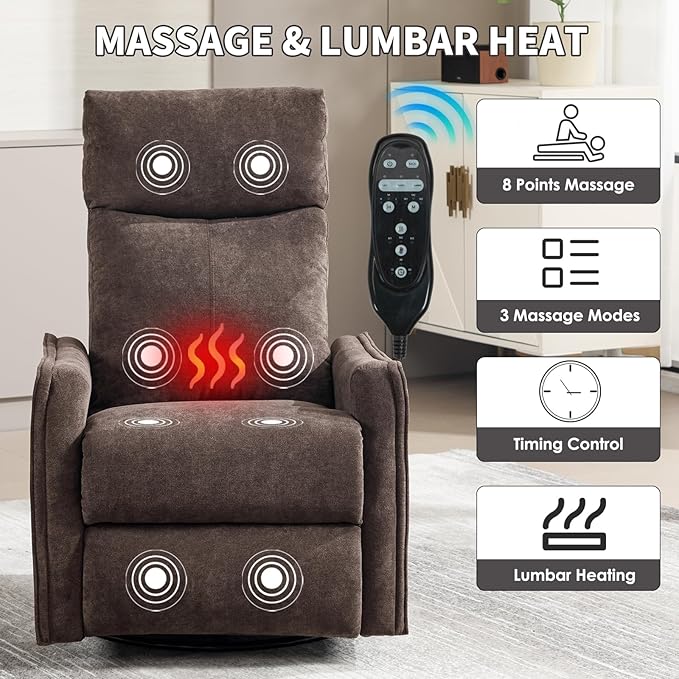 Swivel Rocker Recliner Chair 360° Swivel Recliner with Heat and Massage Rocker Recliner Easy to Clean Nursery Glider Recliner Chair with Side Pockets for Living Room Brown