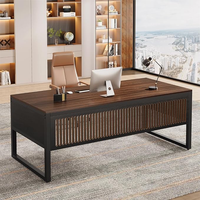 Tribesigns 63-Inch Executive Desk Modern Home Office Desk for Workstation Computer Desk with Sturdy Legs for Home Office (Dark Walnut &amp Black Only Table)