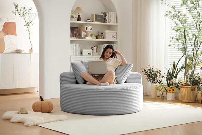 55''L Oversized Round Chaise Longue Chair Indoor Corduroy Sponge Single Sofa Oversized Round Chairs Modern Sleeper Chair for Living RoomProjection Room Wide Armrest Chairs Light Grey