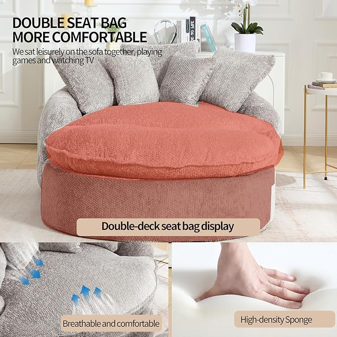 Oversized Fluffy Chenille Lounge Sofa - Extra Deep Seat Cozy Reading Circle Couch for Living Room | Indoor Lounge &amp Oversized Round Accent Design (Light Grey - with Ottoman)