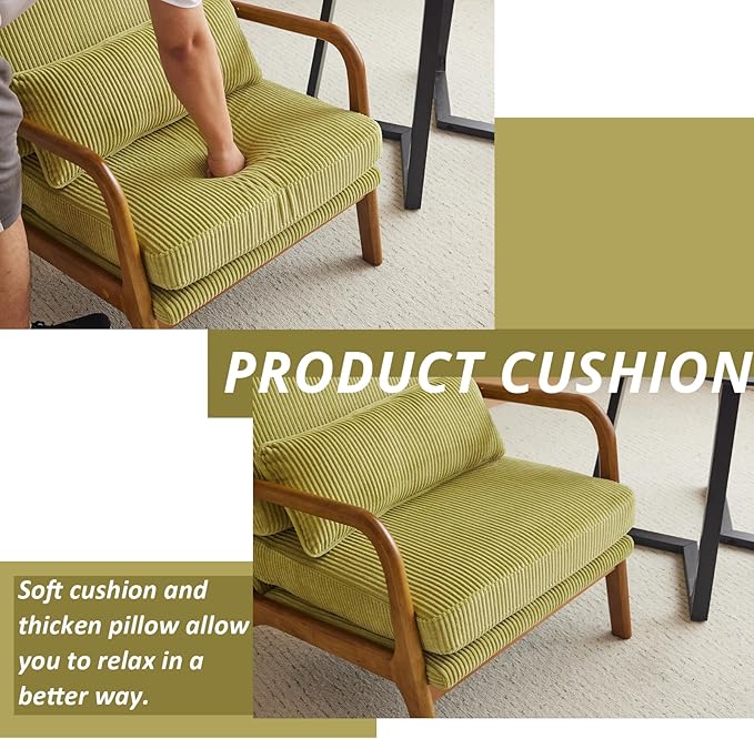 Karl home Mid-Century Modern Accent Chair Living Room Chairs with Pillow High Back Corduroy Upholstered Lounge Armchair with Solid Wood Frame &amp Soft Cushion for Bedroom Reading Room Green