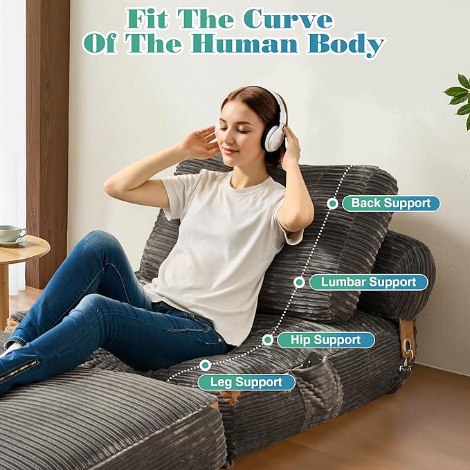 Folding Sofa Bed Convertible Sleeper Chair with Pillow Back Support Foldable Corduroy Futon Floor Couch Comfy Fold Out Chair Bed for Living Room Bedroom Dorm Grey